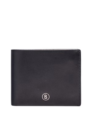 Schwarze Leder-Bifold-Geldbörse mit kleinem rundem Metalllogo mit dem Buchstaben B, mittig vorne platziert.