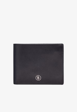 Portafoglio bifold in pelle nera con un piccolo logo metallico circolare con la lettera B centrata sul davanti.
