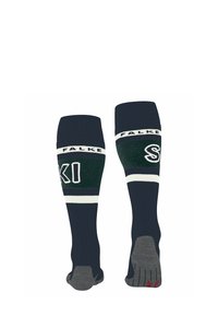 Calze sportive di lunghezza al ginocchio in blu navy con accenti verdi e bianchi. Presentano una texture a coste, logo e sezioni rinforzate per il tallone e le dita.