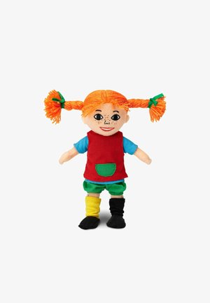 Doll with orange yarn pigtails, freckles, and smiling face. Wears a red vest, green pants, multicolored leg warmers, and black shoes.