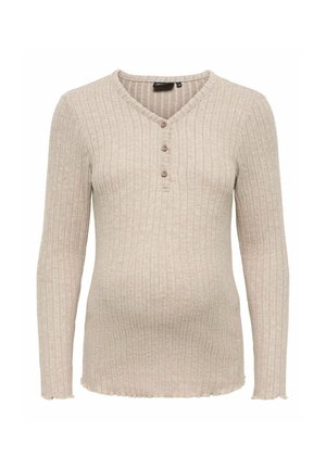 Chemise beige à manches longues côtelées avec col en V et trois boutons sur le devant, fabriquée en tissu tricoté doux.