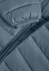 Blå quiltad jacka med hög krage, dragkedja och ett elastiskt band med varumärke. Slät textur och vadderad design.