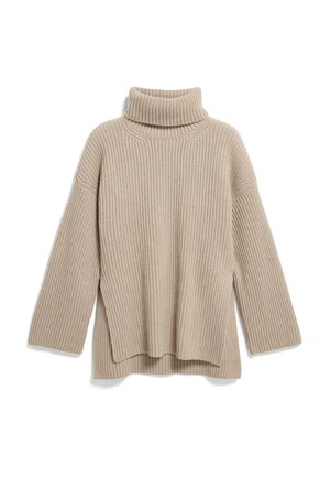 Maglione a collo alto beige a coste con vestibilità rilassata, dotato di maniche lunghe e orlo con spacco laterale, realizzato in un morbido tessuto a maglia testurizzato.