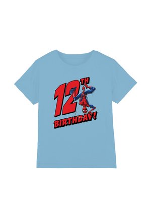 Light blue t-shirt featuring a graphic of Spider-Man with the text "12TH BIRTHDAY!" in bold red and black lettering. Short sleeves, cotton fabric.