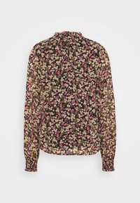 Blusa floreale con una base nera decorata da piccoli fiori rosa e oro, maniche lunghe con polsini arricciati e un collo alto.