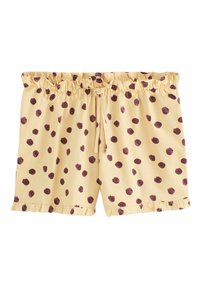 Gelbe Shorts mit braunen, unregelmäßigen Polka-Dots, elastischem Bund mit vorderem Kordelzug und gerafften Säumen an den unteren Kanten.