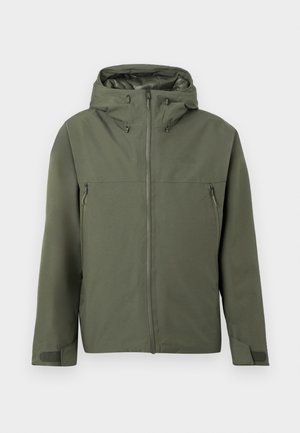 Olive green jacket with a zip closure, adjustable hood, and two zippered front pockets. Minimalist design with textured fabric.