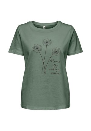 Groene katoenen T-shirt met een grafiek van drie paardenbloemen en de tekst "Blijf altijd wensen maken" in zwarte letters. Korte mouwen.