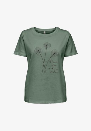 Groene katoenen T-shirt met een grafiek van drie paardenbloemen en de tekst "Blijf altijd wensen maken" in zwarte letters. Korte mouwen.