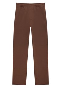 Pantalon marron droit avec taille élastique et poches latérales, présenté à plat sur fond blanc.