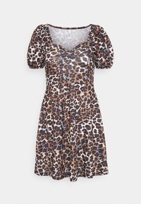 Vestido curto de estampa de leopardo com mangas bufantes, decote em V, cintura ajustada e saia rodada. O tecido tem uma textura suave e ligeiramente brilhante.