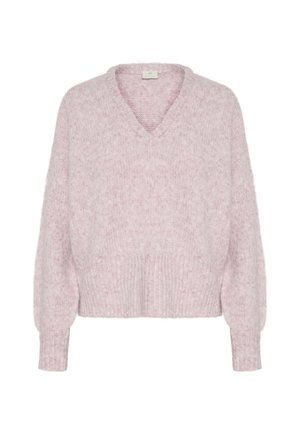 Lichtroze, chunky gebreide trui met een V-hals, verlaagde schouders en geribde manchetten bij de lange mouwen. Zachte textuur met een ontspannen pasvorm.