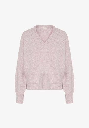 Šviesiai rožinė, storai megzta džemperis su V formos iškirpte, nusileidusiomis petukais ir membraus audinio rankovėmis. Minkšta tekstūra ir laisvas kirpimas.