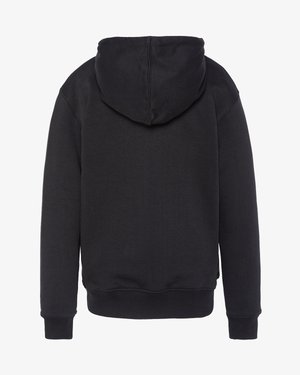Sudadera negra con capucha y mangas largas, con puños y dobladillo de canalé. Hecha de una tela suave, presenta un diseño sencillo sin logotipos ni adornos visibles.
