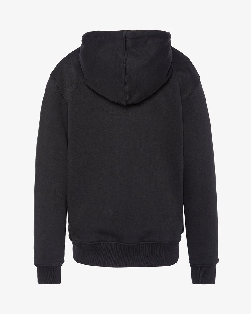 Felpa nera con cappuccio, maniche lunghe, polsini e orlo a costine. Realizzata in tessuto morbido, presenta un design semplice senza logo o decorazioni visibili.
