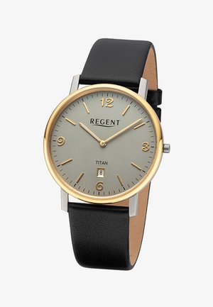 Montre-bracelet ronde avec cadran gris, accents dorés, bracelet en cuir noir, trois aiguilles, fenêtre de date à 6 heures, et marque "Regent Titan".