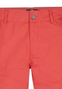 Shorts de couleur corail avec une taille plate, fermeture à bouton et une texture lisse. Les détails de couture complètent le design décontracté.
