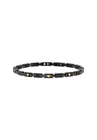 Pulsera de metal negro con eslabones entrelazados. Presenta acentos dorados a intervalos. Textura lisa con un diseño moderno y geométrico.