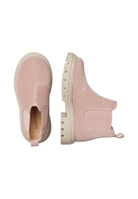 Scarpe slip-on rosa realizzate in morbido tessuto con pannelli elasticizzati laterali e una suola in gomma beige testurizzata. Presentano una linguetta sul retro.