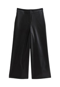 Pantalones de pierna ancha negros con una cintura alta y una textura suave similar al cuero, con bolsillos laterales y un cierre frontal oculto.