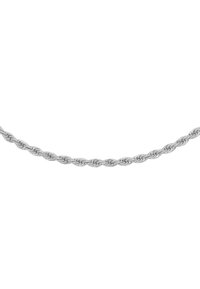 Collana in argento con design attorcigliato. Caratterizzata da una superficie liscia e riflettente e uno spessore uniforme lungo tutta la sua lunghezza.