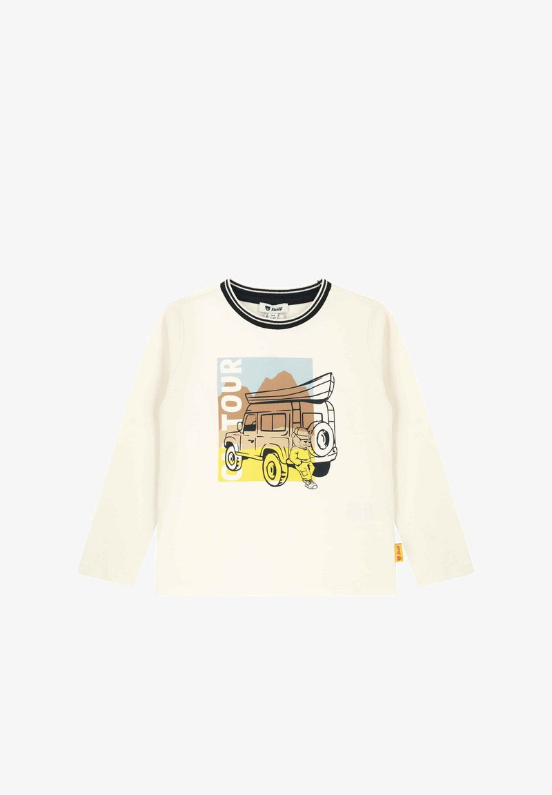 Witte lange mouwen T-shirt met een grafisch ontwerp van een vintage auto en een personage. Geribbelde zwart-witte halslijn, gemaakt van zachte katoen.