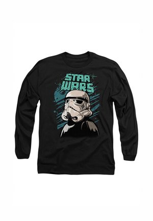 Black long-sleeve t-shirt featuring a Stormtrooper graphic in gray and light blue with "STAR WARS" text; cotton material, crew neck design.