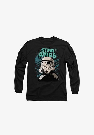 Schwarzes Langarm-T-Shirt mit einem Stormtrooper-Graphic in Grau und Hellblau sowie dem Text "STAR WARS"; aus Baumwollmaterial, mit Rundhalsausschnitt.