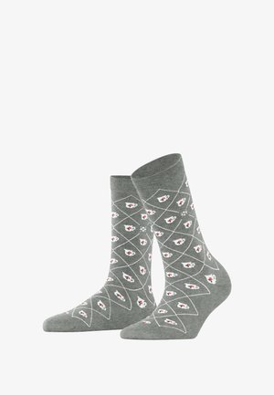 Gray cotton socks featuring a diamond pattern, decorated with white leaf shapes and small red floral accents. Mid-calf length design.
