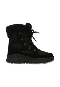 Zwarte winterlaarzen hebben een vetersluiting, een pluche nepbont manchet, een rubberen buitenzool en een gestructureerde tussenzool. Het materiaal is een combinatie van suede en nylon.
