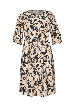 Blomsterprint kjole i creme, sort og fersken, med trekvartærmer, rund hals og en talje bånd til justerbar pasform.