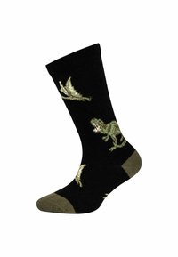 Schwarze Socke mit olivgrünem Zeh und Ferse, verziert mit Illustrationen eines grünen T-Rex und eines fliegenden Pterosauriers.