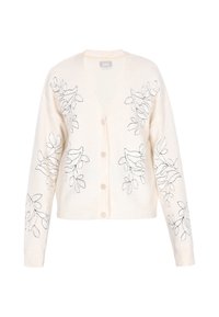 Cremfarbener Cardigan mit V-Ausschnitt, mit silbernen gestickten Blättermustern auf beiden Seiten und Knopfschluss vorne. Weiche Textur.