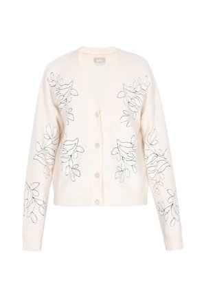 Cardigan crema con scollo a V, caratterizzato da motivi di foglie ricamate in argento su entrambi i lati e chiusura con bottoni sul davanti. Tessuto morbido.