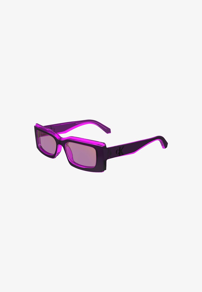 Purple translucent sunglasses with square lenses, thick frames, and a gradient design. Features a small logo on the arm.