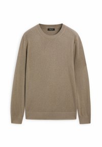 Beige Pullover mit Rundhalsausschnitt aus weichem Stoff, mit langen Ärmeln sowie Rippbündchen und -saum. Glatte Textur mit minimalistischem Design.