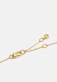 Gold chain necklace featuring a lobster clasp, oval links, and rounded ends. Smooth texture with a shiny finish.