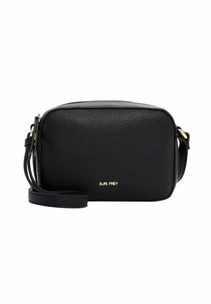Borsa a tracolla nera in pelle con superficie testurizzata, logo dorato, chiusura con zip e tracolla regolabile. Forma rettangolare con angoli arrotondati.