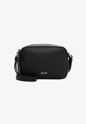 Borsa a tracolla nera in pelle con superficie testurizzata, logo dorato, chiusura con zip e tracolla regolabile. Forma rettangolare con angoli arrotondati.