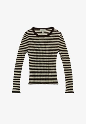 Dlhý rukáv rebrovaný pletený top s čierno-bielymi vodorovnými pruhmi a okrúhlym výstrihom.
