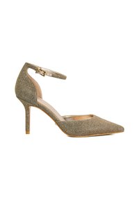 Gold sparkling high heel pump with pointed toe, ankle strap, and a textured fabric upper. Slim stiletto heel and nude insole.