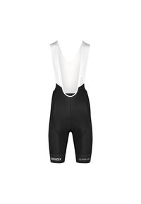 Black cycling bib shorts with white straps, made from stretchy fabric. Features Bioracer branding and a padded seat for comfort.