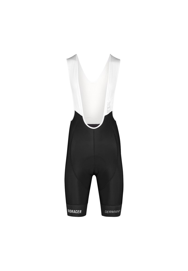 Black cycling bib shorts with white straps, made from stretchy fabric. Features Bioracer branding and a padded seat for comfort.
