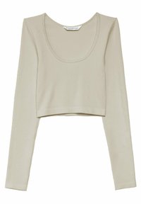 Helles beiges, langärmliges, kurzes Oberteil aus geripptem Stoff. Verfügt über einen Rundhalsausschnitt und eine enganliegende Silhouette.