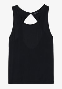 Svart ärmlös topp med rund halsringning, med ett utskuret detalj bak. Tillverkad av slät, elastisk tyg. Enkelt design utan mönster.