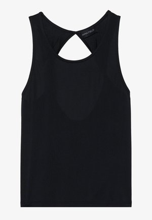 Haut sans manches noir avec un col rond, présentant un détail découpé au dos. Fabriqué en tissu lisse et élastique. Design simple sans motifs.