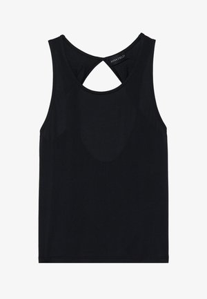 Schwarzes, ärmelloses Top mit Rundhalsausschnitt, das hinten einen Cut-Out hat. Hergestellt aus glattem, elastischem Stoff. Einfaches Design ohne Muster.