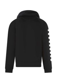 Sudadera negra con textura suave, que cuenta con capucha, mangas raglán y audaces patrones de cuadros blancos a lo largo de la manga izquierda.