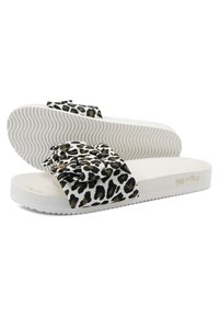 Leopard print flip-flop sandals with a textured white sole and a decorative bow on the strap. Soft fabric and rubber materials.