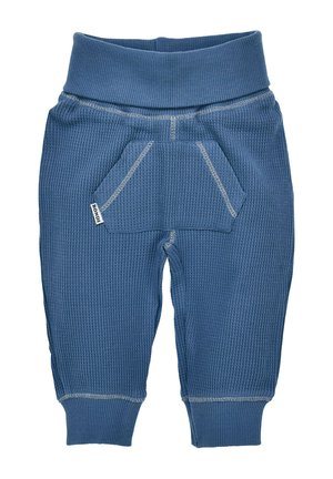 Pantaloni per neonati blu con trama a waffle, dotati di vita elasticizzata, una tasca frontale e orli risvoltati. Dettagliati con cuciture a contrasto.